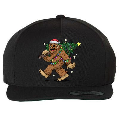 Funny Bigfoot Carrying Christmas Tree Holiday Sasquatch Wool Snapback Cap