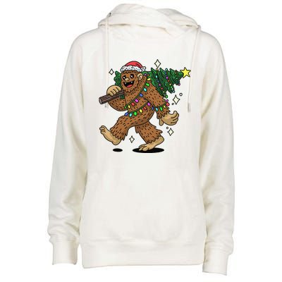 Funny Bigfoot Carrying Christmas Tree Holiday Sasquatch Womens Funnel Neck Pullover Hood