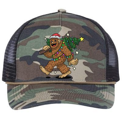 Funny Bigfoot Carrying Christmas Tree Holiday Sasquatch Retro Rope Trucker Hat Cap