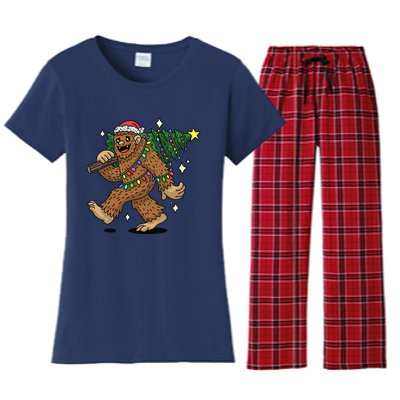 Funny Bigfoot Carrying Christmas Tree Holiday Sasquatch Women's Flannel Pajama Set