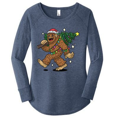 Funny Bigfoot Carrying Christmas Tree Holiday Sasquatch Women's Perfect Tri Tunic Long Sleeve Shirt