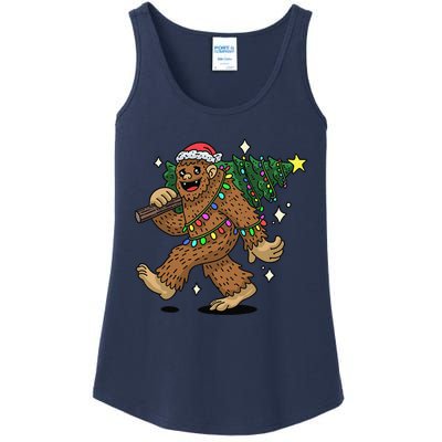 Funny Bigfoot Carrying Christmas Tree Holiday Sasquatch Ladies Essential Tank