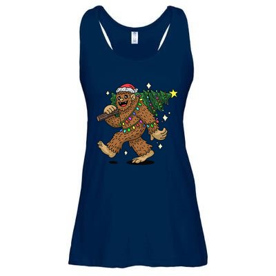 Funny Bigfoot Carrying Christmas Tree Holiday Sasquatch Ladies Essential Flowy Tank