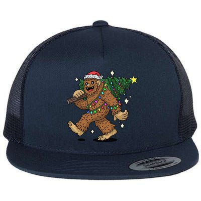 Funny Bigfoot Carrying Christmas Tree Holiday Sasquatch Flat Bill Trucker Hat