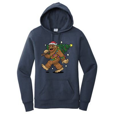 Funny Bigfoot Carrying Christmas Tree Holiday Sasquatch Women's Pullover Hoodie