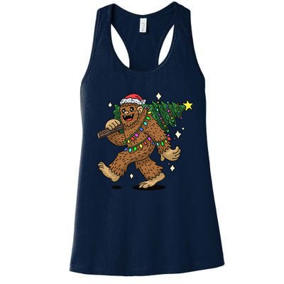 Funny Bigfoot Carrying Christmas Tree Holiday Sasquatch Women's Racerback Tank