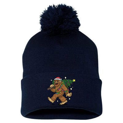 Funny Bigfoot Carrying Christmas Tree Holiday Sasquatch Pom Pom 12in Knit Beanie