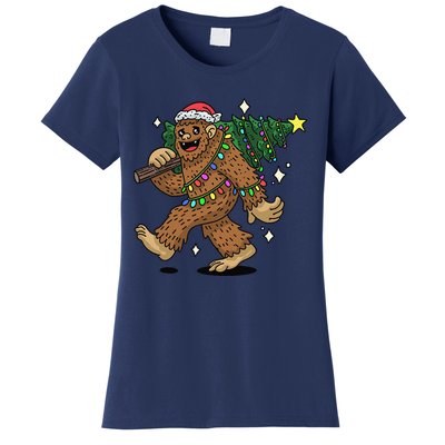 Funny Bigfoot Carrying Christmas Tree Holiday Sasquatch Women's T-Shirt