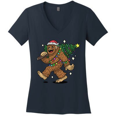 Funny Bigfoot Carrying Christmas Tree Holiday Sasquatch Women's V-Neck T-Shirt