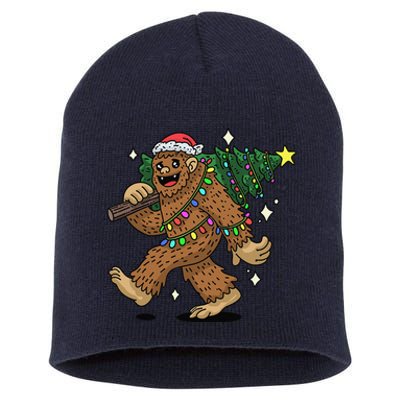 Funny Bigfoot Carrying Christmas Tree Holiday Sasquatch Short Acrylic Beanie