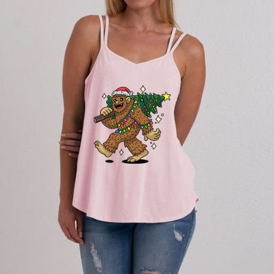 Funny Bigfoot Carrying Christmas Tree Holiday Sasquatch Women's Strappy Tank