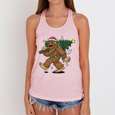 Funny Bigfoot Carrying Christmas Tree Holiday Sasquatch Women's Knotted Racerback Tank