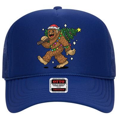 Funny Bigfoot Carrying Christmas Tree Holiday Sasquatch High Crown Mesh Back Trucker Hat