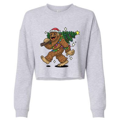 Funny Bigfoot Carrying Christmas Tree Holiday Sasquatch Cropped Pullover Crew