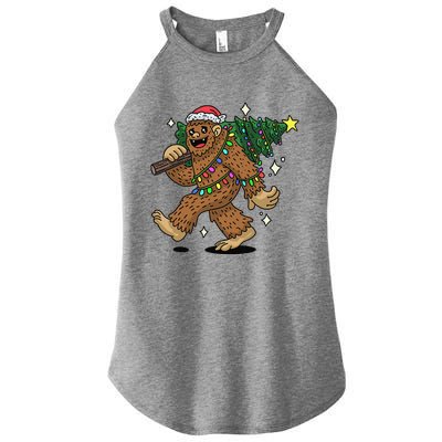 Funny Bigfoot Carrying Christmas Tree Holiday Sasquatch Women's Perfect Tri Rocker Tank