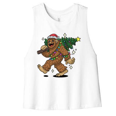 Funny Bigfoot Carrying Christmas Tree Holiday Sasquatch Women's Racerback Cropped Tank