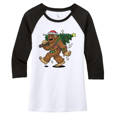 Funny Bigfoot Carrying Christmas Tree Holiday Sasquatch Women's Tri-Blend 3/4-Sleeve Raglan Shirt