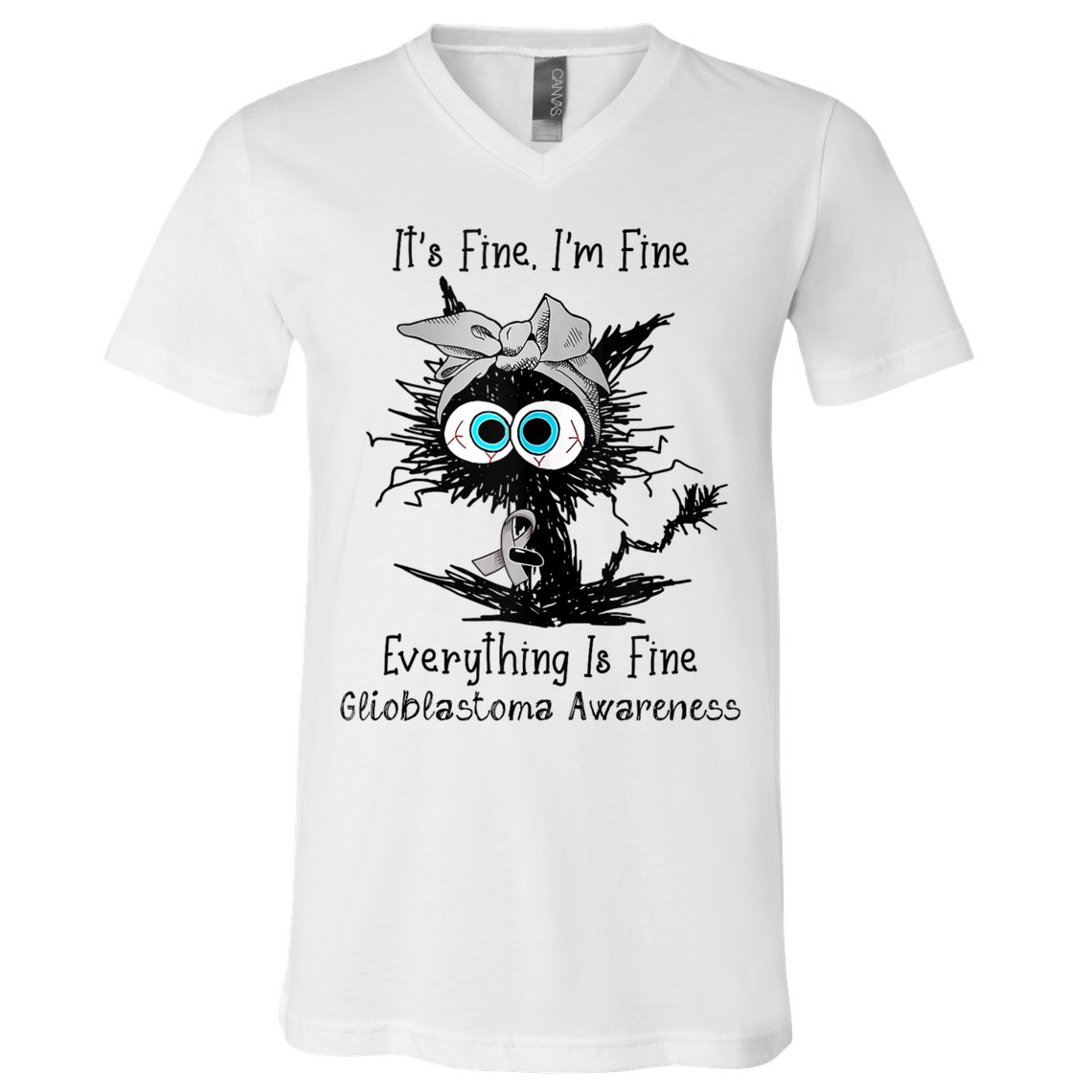 Funny Black Cat Its Fine IM Fine Glioblastoma Awareness V-Neck T-Shirt