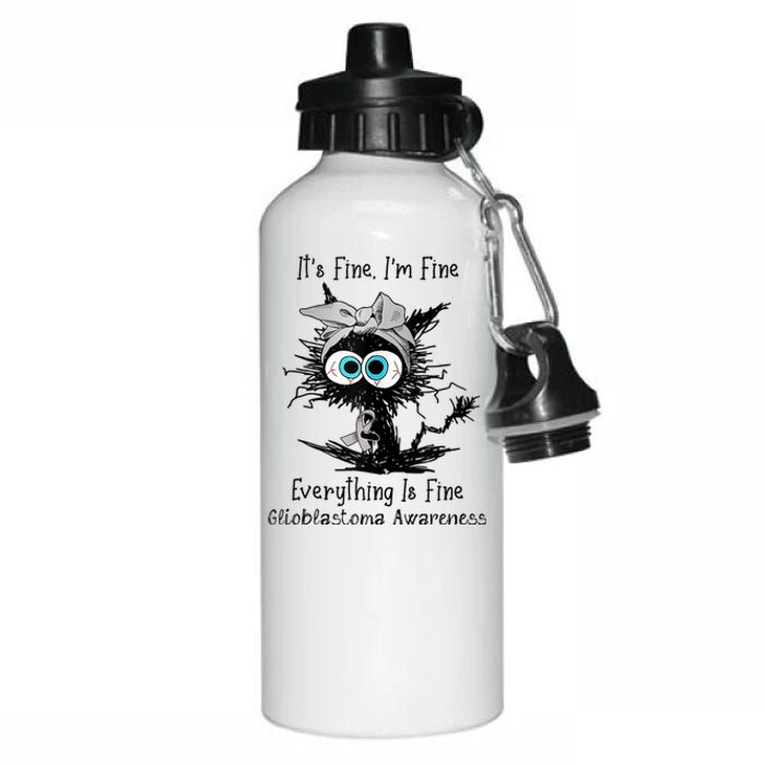 Funny Black Cat Its Fine IM Fine Glioblastoma Awareness Aluminum Water Bottle