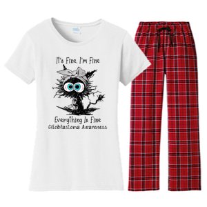 Funny Black Cat Its Fine IM Fine Glioblastoma Awareness Women's Flannel Pajama Set