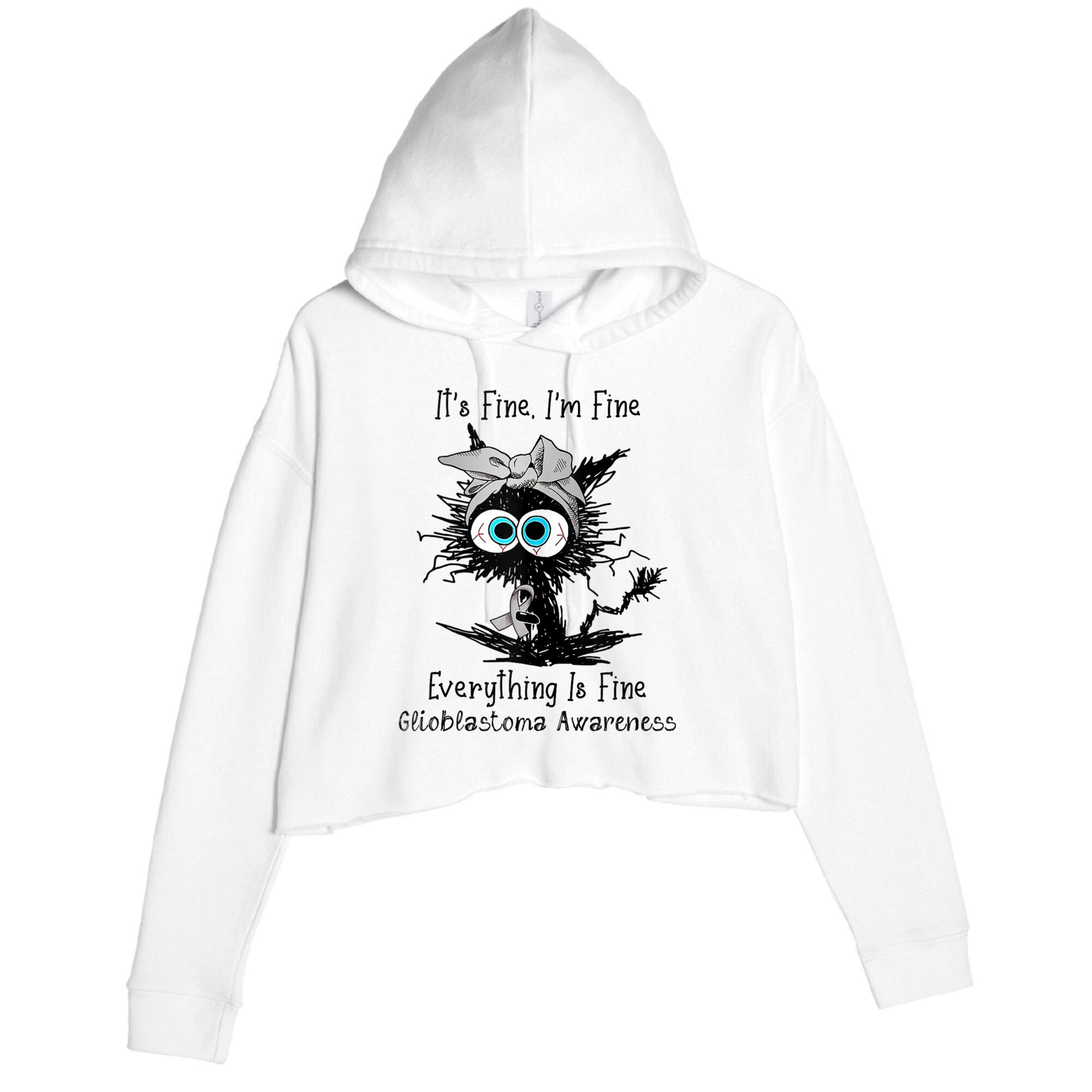 Funny Black Cat Its Fine IM Fine Glioblastoma Awareness Crop Fleece Hoodie