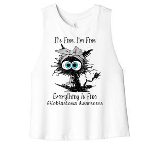 Funny Black Cat Its Fine IM Fine Glioblastoma Awareness Women's Racerback Cropped Tank