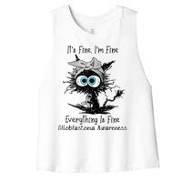 Funny Black Cat Its Fine IM Fine Glioblastoma Awareness Women's Racerback Cropped Tank