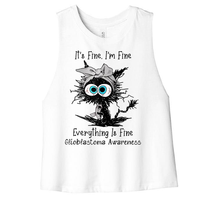 Funny Black Cat Its Fine IM Fine Glioblastoma Awareness Women's Racerback Cropped Tank