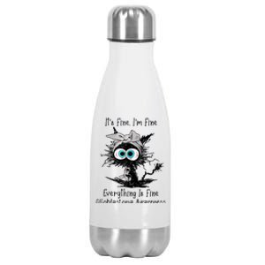 Funny Black Cat Its Fine IM Fine Glioblastoma Awareness Stainless Steel Insulated Water Bottle