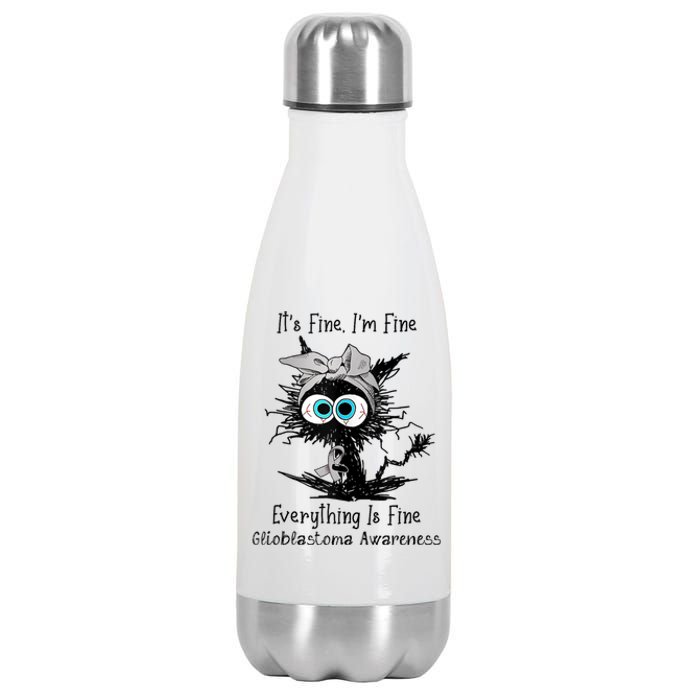 Funny Black Cat Its Fine IM Fine Glioblastoma Awareness Stainless Steel Insulated Water Bottle