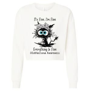 Funny Black Cat Its Fine IM Fine Glioblastoma Awareness Cropped Pullover Crew