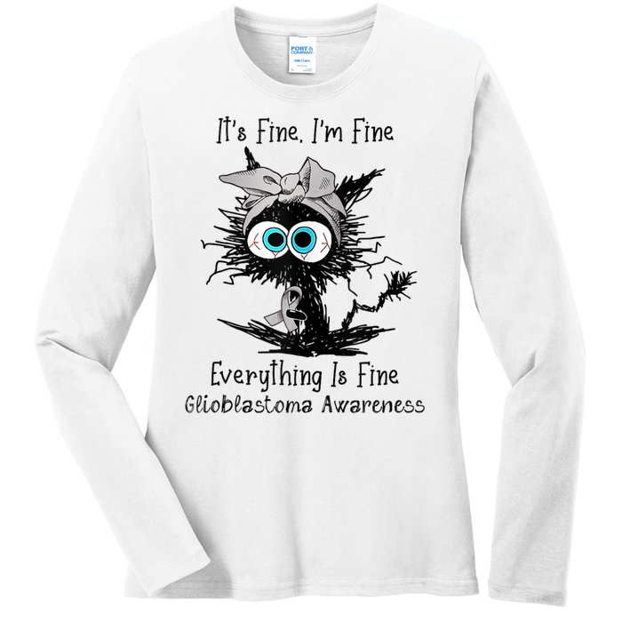 Funny Black Cat Its Fine IM Fine Glioblastoma Awareness Ladies Long Sleeve Shirt