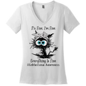 Funny Black Cat Its Fine IM Fine Glioblastoma Awareness Women's V-Neck T-Shirt