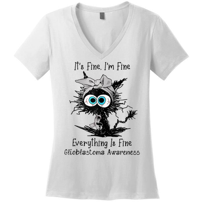 Funny Black Cat Its Fine IM Fine Glioblastoma Awareness Women's V-Neck T-Shirt