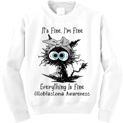 Funny Black Cat Its Fine IM Fine Glioblastoma Awareness Kids Sweatshirt