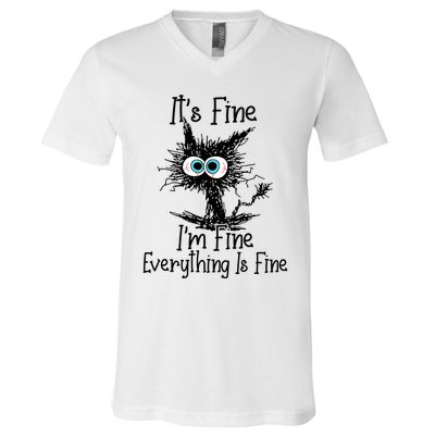 Funny Black Cat It's Fine I'm Fine Everything Is Fine V-Neck T-Shirt