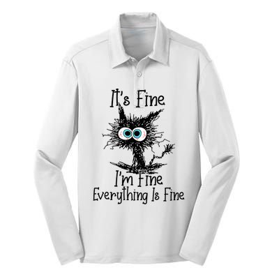 Funny Black Cat It's Fine I'm Fine Everything Is Fine Silk Touch Performance Long Sleeve Polo