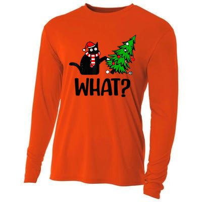 Funny Black Cat Gift Pushing Christmas Tree Over Cat What Cool Gift Cooling Performance Long Sleeve Crew