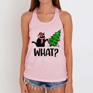 Funny Black Cat Gift Pushing Christmas Tree Over Cat What Cool Gift Women's Knotted Racerback Tank