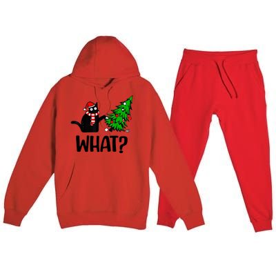 Funny Black Cat Gift Pushing Christmas Tree Over Cat What Cool Gift Premium Hooded Sweatsuit Set