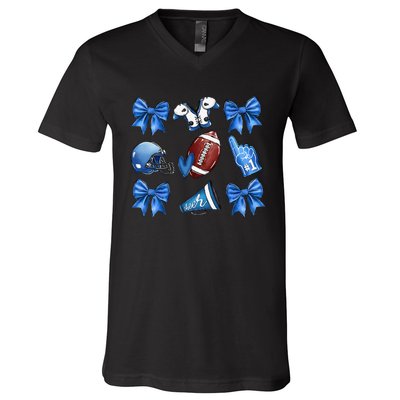 Funny Blue Cheer Football Game Day Coquette Bow Touchdown Gift V-Neck T-Shirt