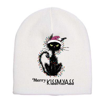 Funny Black Cat Merry Kissmyass Xmas Pajamas Chritsmas  Short Acrylic Beanie