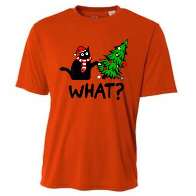 Funny Black Cat Gift Pushing Christmas Tree Over Cat What Cooling Performance Crew T-Shirt