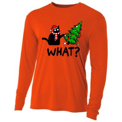 Funny Black Cat Gift Pushing Christmas Tree Over Cat What Cooling Performance Long Sleeve Crew