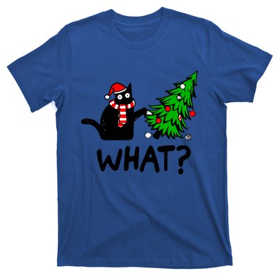 Funny Black Cat Gift Pushing Christmas Tree Over Cat What T-Shirt