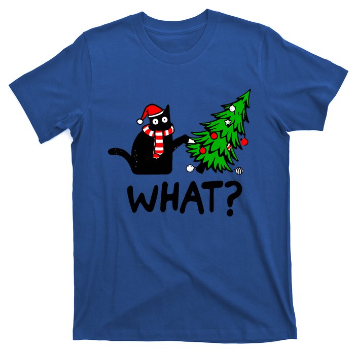 Funny Black Cat Gift Pushing Christmas Tree Over Cat What T-Shirt