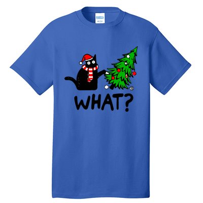 Funny Black Cat Gift Pushing Christmas Tree Over Cat What Tall T-Shirt