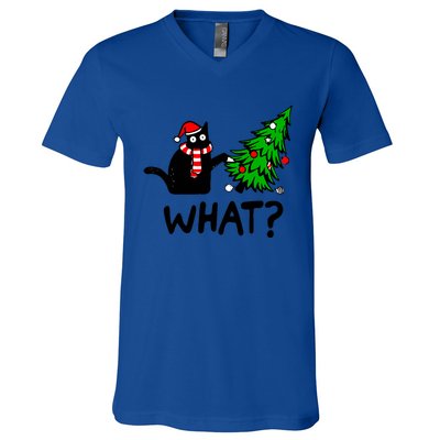 Funny Black Cat Gift Pushing Christmas Tree Over Cat What V-Neck T-Shirt