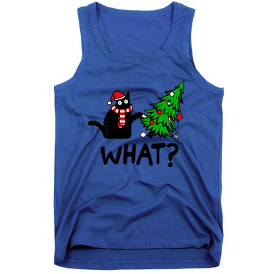 Funny Black Cat Gift Pushing Christmas Tree Over Cat What Tank Top