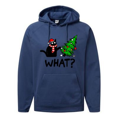 Funny Black Cat Gift Pushing Christmas Tree Over Cat What Performance Fleece Hoodie